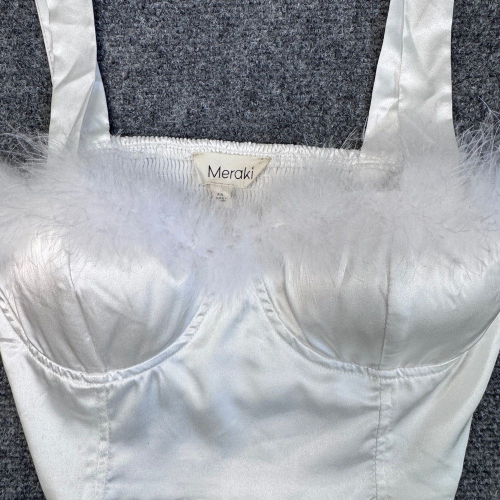 Meraki Satin Corset Top White Feather Trim Smocked Back Glam Coquette XS - Picture 2 of 6